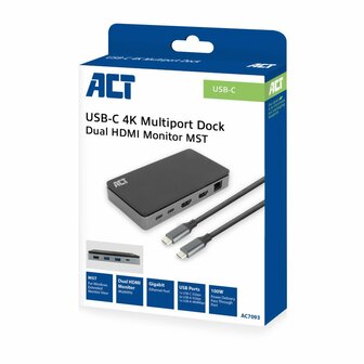 ACT USB-C 4K MST dockingstation voor 2 HDMI-monitoren, Ethernet, USB-C, 3x USB-A, PD passthrough en 1 meter lange afneembare USB-C-kabel